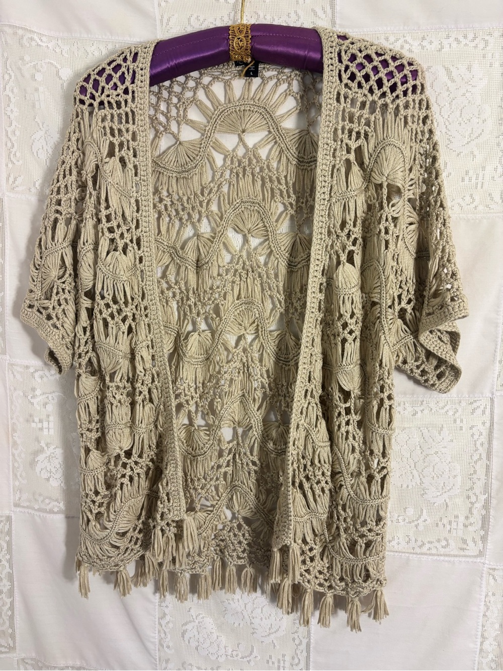 Tan Crochet Open-Knit Boho Festival Western Fringe Short Sleeve Cardigan Size L